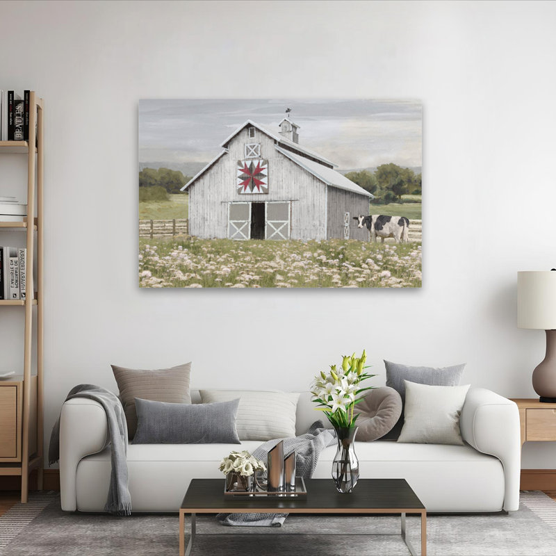 Flower Field Quilt Barn I - Contemporary Farm Barn Landscape Art, H 60 po x l 40 po