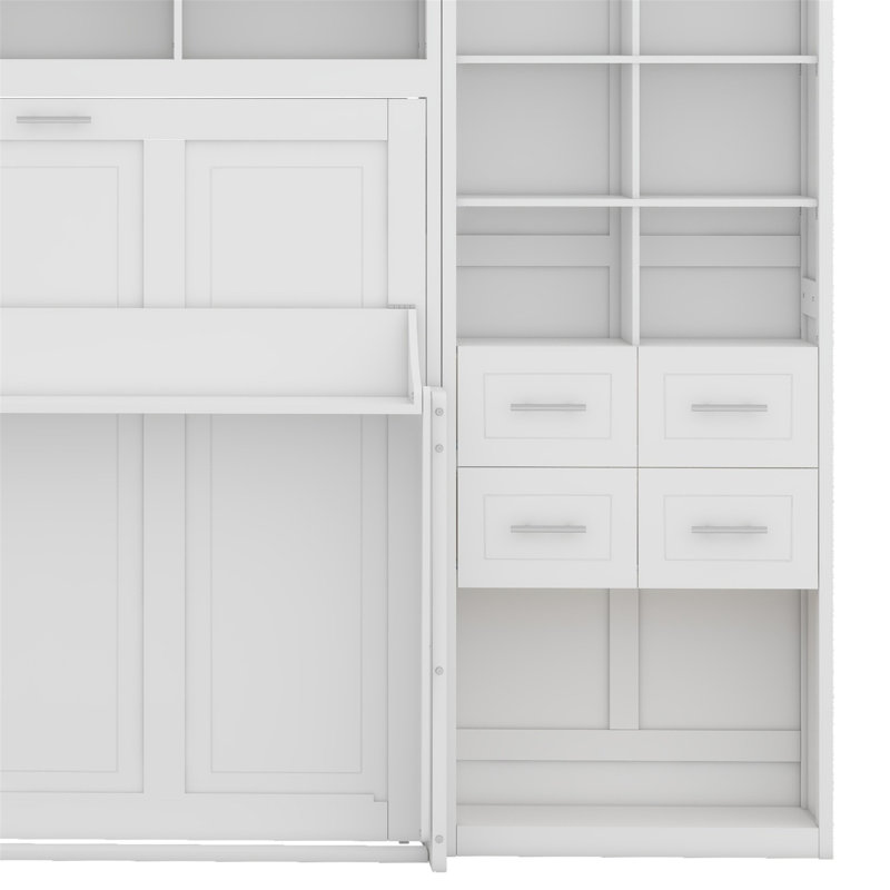 Lit escamotable Murphy avec placard, tiroirs et tablettes, Blanc, Queen
