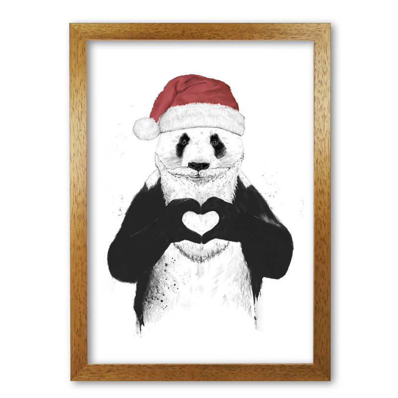 Santa Panda by Mercedes Lopes Charro - Print, 29.7 cm H x 21 cm W x 5 cm D, Honey Oak