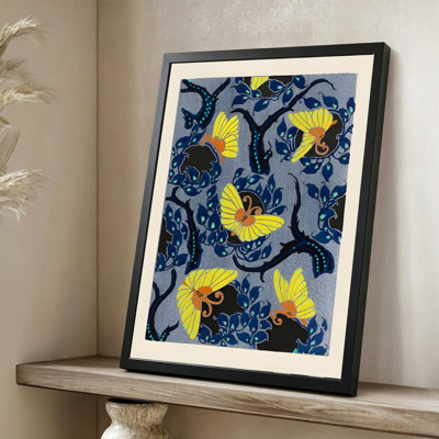 Modern Abstract Butterflies flutter amidst dark blue branches, Yellow and orange hues, Stylized folk art painting. 24" x 36" Framed Canvas Wall Art in Black Wood Fram
