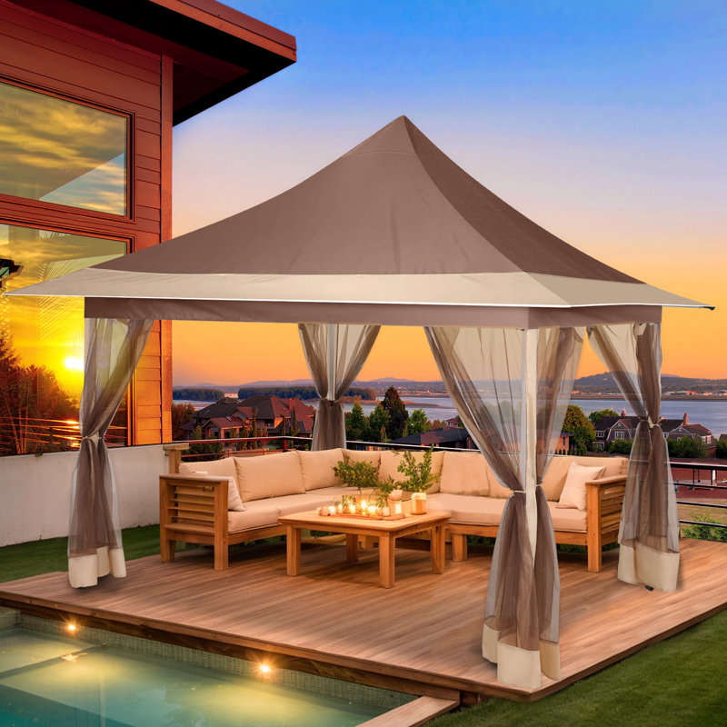 Brown and Beige 12x12ft Waterproof Pop-Up Gazebo Tent with Mosquito Netting