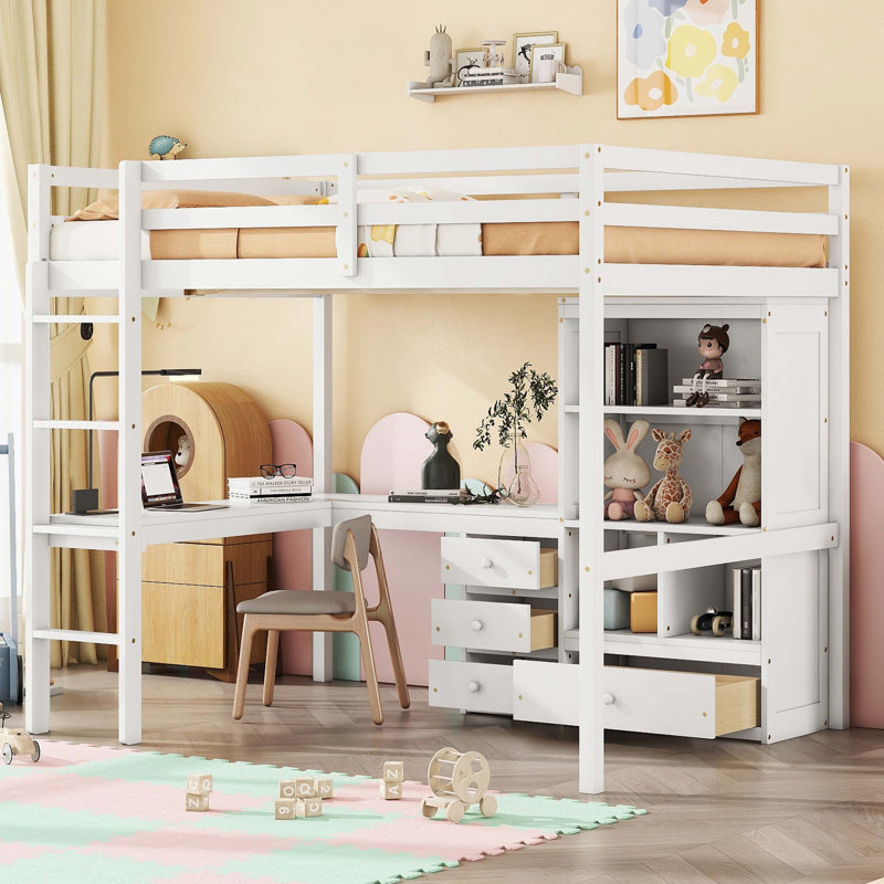 White Solid Wood Waterloo Loft Bed Equipped With Desk, Storage Shelves, Drawers, Built-In Ladder, And Safety Guardrails