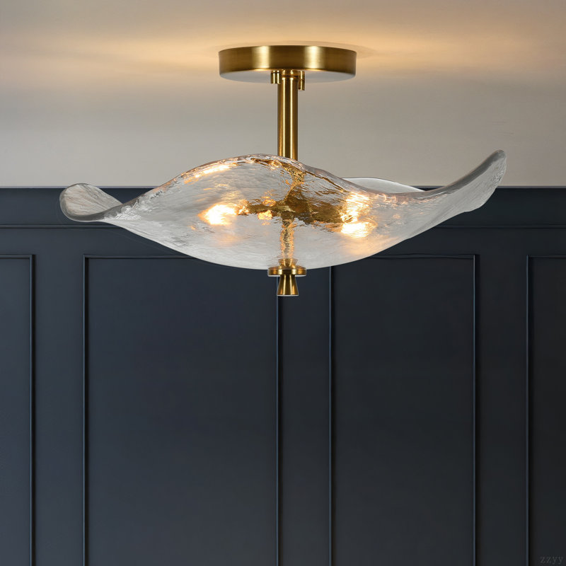 16.5" Glass Semi Flush Mount Ceiling Light Fixture, 2-Lights Close To Ceiling Light, Modern Gold Ceiling Light Fixture For Bedroom Bathroom Hallway Entryway Kitchen Dining Room
