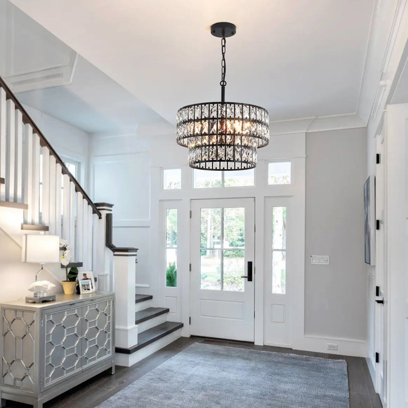 Modern 2-Tier Black Drum K9 Crystal Chandelier, Matte Black
