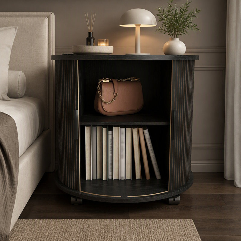 Table de chevet cylindrique moderne à 2 niveaux avec station de recharge et porte coulissante, Black, 1
