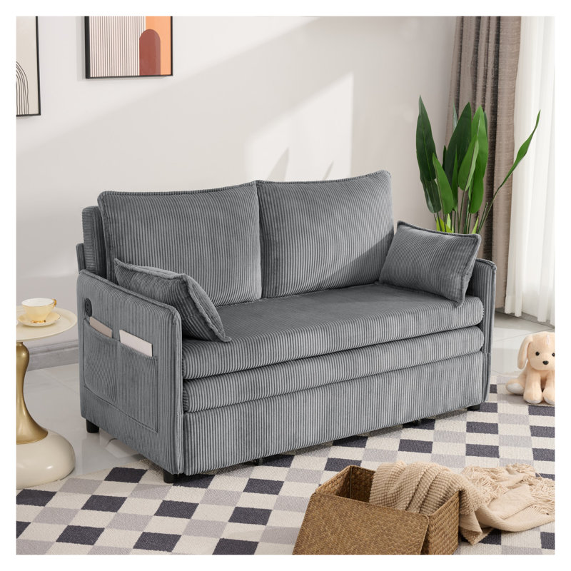 Canapé-lit convertible 55 po avec ports USB, lit escamotable moderne en velours côtelé pour petits espaces - Canapé 3 en 1 avec poches latérales, gris