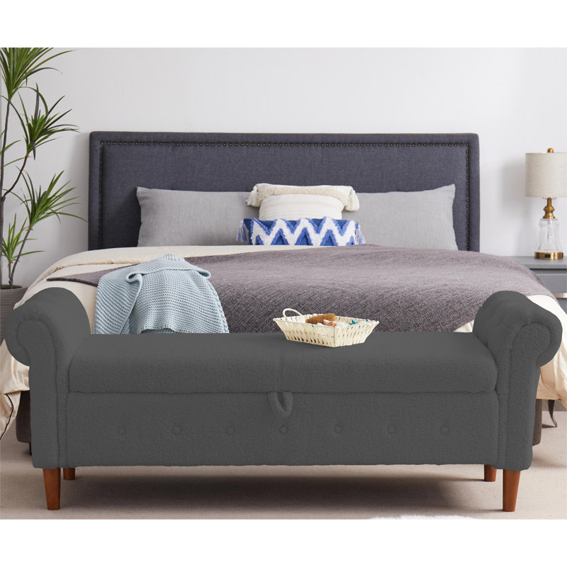 Teddy Fabric Upholstered Storage Bench, Gray Teddy Fabric