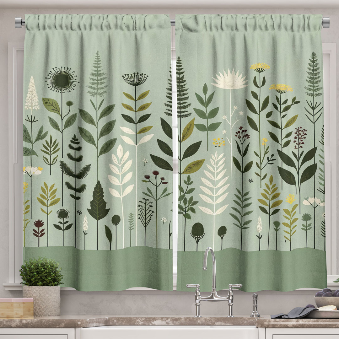 Ambesonne Monstera Kitchen Curtain Scandinavian Botanical Art Pale Green Coconut Fawn (Set of 2) Ambesonne