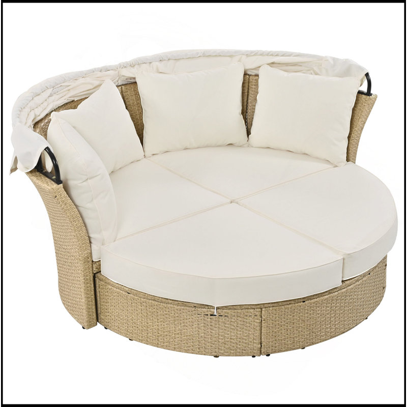 Outdoor Patio Daybed Wicker Rattan Double Daybed Round Sofa Furniture Set With Retractable Canopy, 4 Pillows For Lawn Garden Backyard Porch Pool