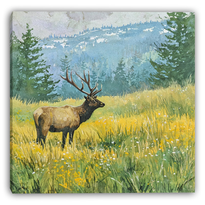 «Elk in Summer Meadow», art mural sur toile tendue, H 20 po x l 20 po