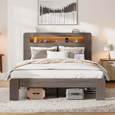 Structure de lit double, structure de lit plateforme en bois avec tête de lit à DEL avec rangement et 2 ports USB, silencieux, aucun sommier nécessaire et outil d'assemblage facile, grand rangement sous le lit, brun foncé