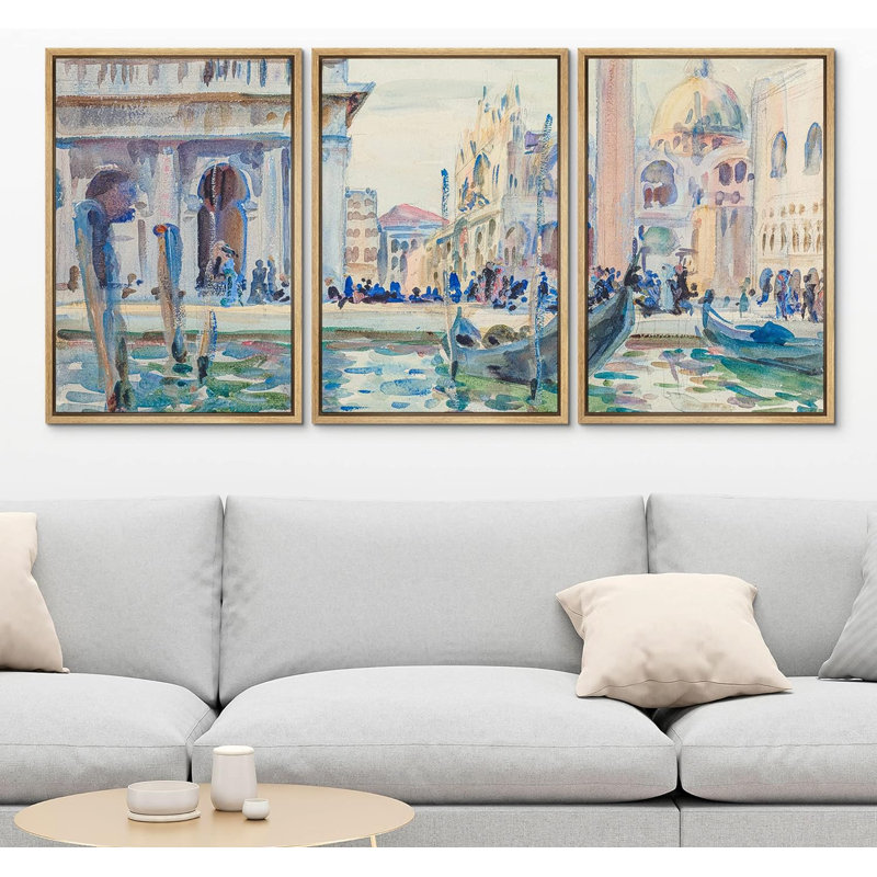 Aquarelle, gondole italienne de Venise, 3 pièces, Naturel, H 36 po x l 24 po x P 1,5 po