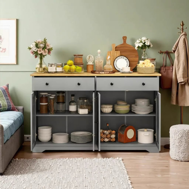 Buffet 55,1 po de style nordique avec tiroirs de rangement, tablettes réglables, buffet gris et chêne pour le salon, la cuisine et le vestibule