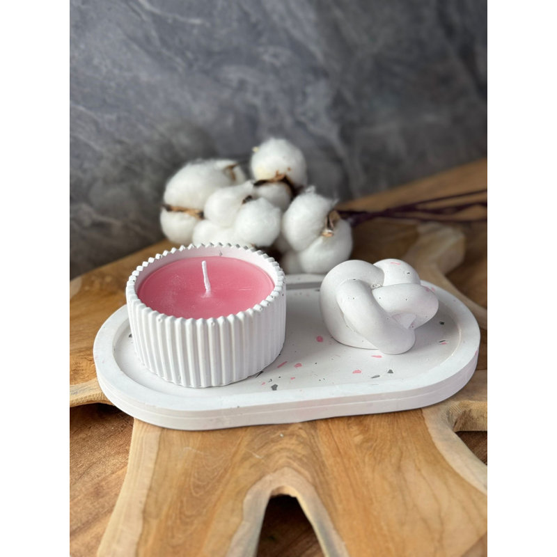 Elegant Concrete Candle Set (3 Pieces), Pink & White, Candle: 3.1 x 3.1 x 1.6 inches | Object: 1.6 x 1.6 x 1.2 inches | Plate: 7.1 x 3.5 x 0.8 inches | 100% Durable Concrete, Perfect for Home Decor & Relaxation