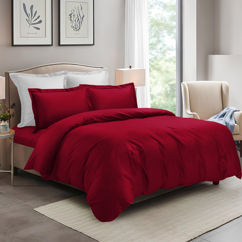 4 Piece Complete Bedding Set Duvet Cover Set With Fitted Bed Sheet & Pillowcases, Burgundy
