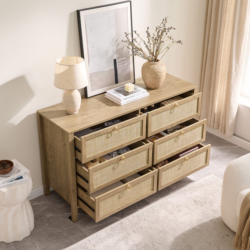 Pomodoro 51" W Rattan 6-Drawer Dresser With Golden Handles — Coastal Boho Bedroom Storage Chest, Carbon Cherry