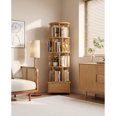 4-Tier 360° Swivel Corner Bookcase, Rotating Storage Tower with Lockable Casters & Drawers, Narrow Spinning Bookshelf Organizer for Living Room, Bedroom, Natural