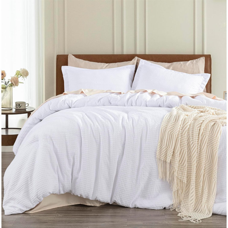 Wilmer Waffle Weave Textured Comforter Set, White, Oversized Queen Comforter + 2 Standard Shams