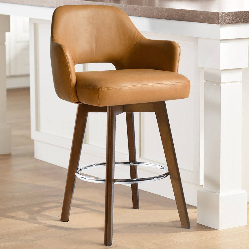 Aylsworth 26.5" Swivel  360-degree Faux Leather Upholstered Counter Stool With Footrest, Brown