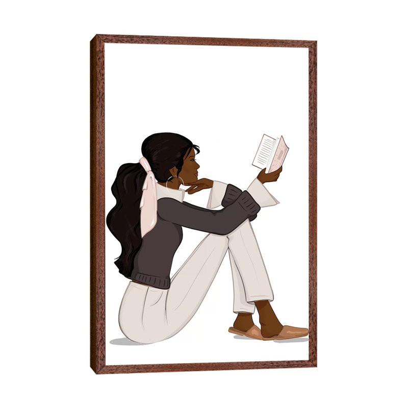 Bookworm Chic, Dark-Skinned, Black Hair by Sabina Fenn - Print on Canvas, Classic Brown Wood Framed, 152.5 cm H x 101.5 cm W