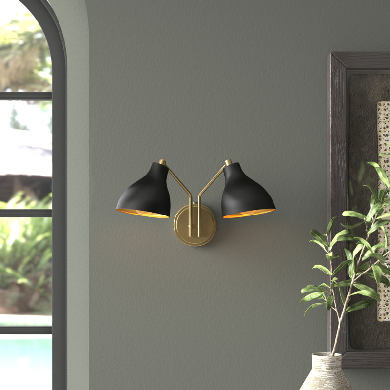 Elyse 17.5" W 2-Light Dimmable Armed Sconce, Black/Brass, Black