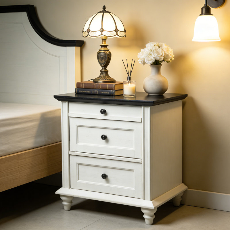 23.6” W Farmhouse Rutland With 3 Storage Drawers, Bedside Table With Solid Wood Legs For Bedroom, White