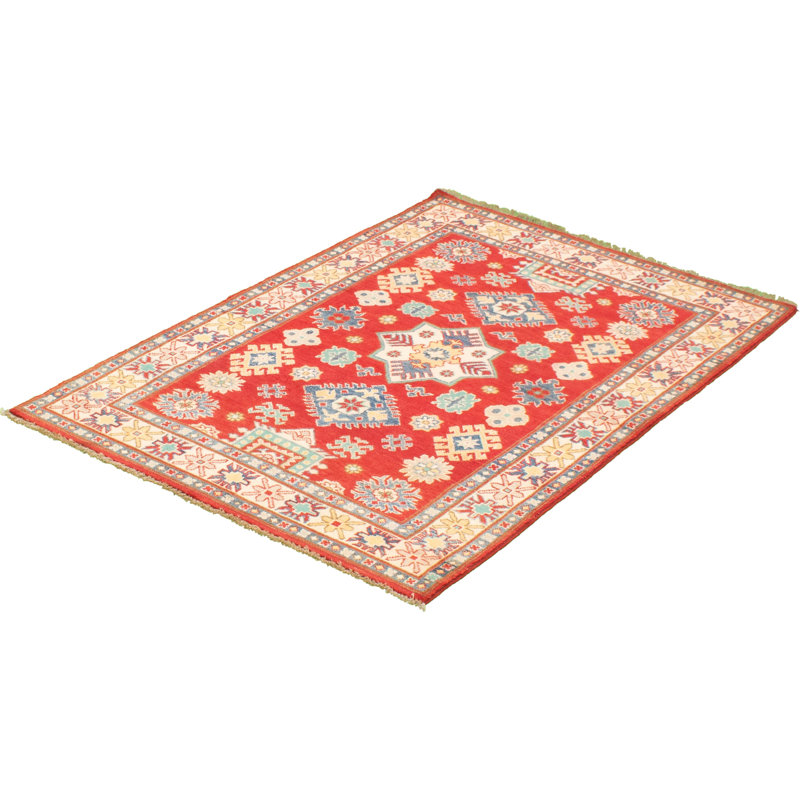 Tapis unique en laine noué à la main rouge Gazni des années 2010 de 4 pi 1 po x 6 pi Qaiden