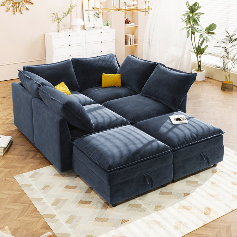 Versatile 6-Piece Modular Sofa Bed With Storage, Dark Blue Polyester