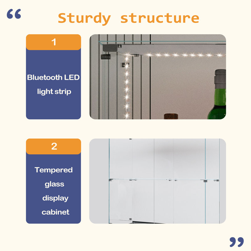 Reinforced Modern Tempered Glass Display Cabinet,Wine Cabinet,Storage Cabinet,File Cabinet,With Bluetooth LED Light Strip,Lockable Swivel Casters,Suitable For Uneven Ground,Can Be Placed Anywhere