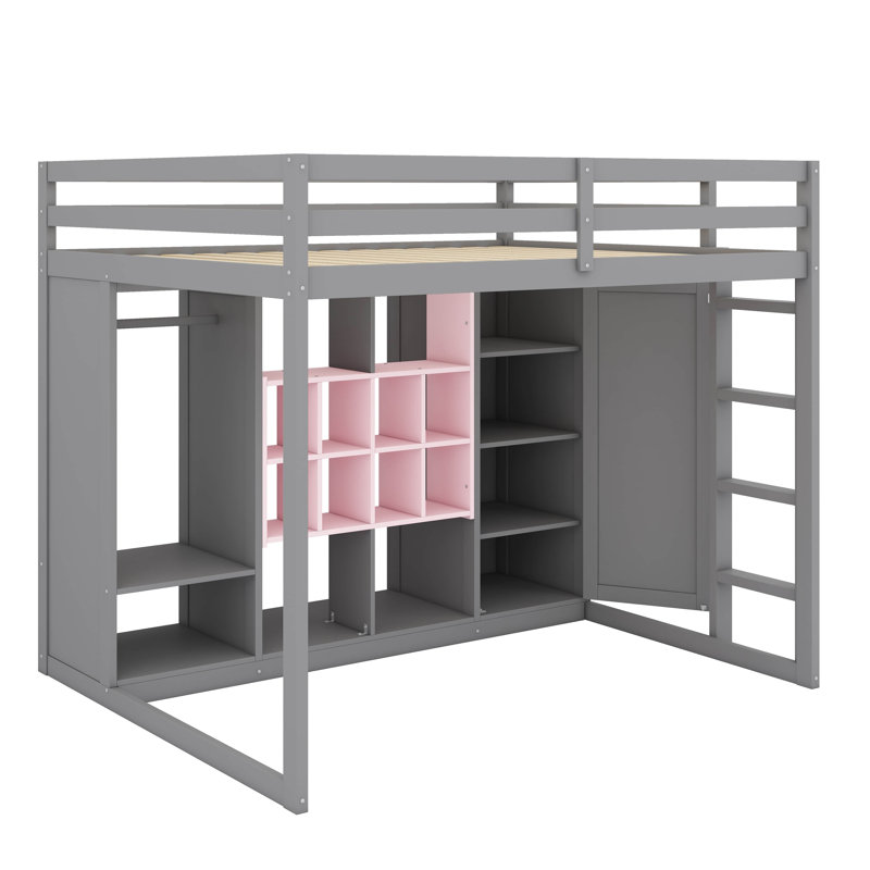 Full-Scale Raised Loft Bed Featuring Closet, Racks, Gray/Pink