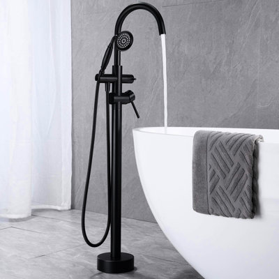 Freestanding Tub Filler With Handheld Shower, Floor Mount, 2.5 Gpm Hand Shower Flow Rate For Efficient Use Mounted In , Solid Brass, A Relaxing Bathing Time