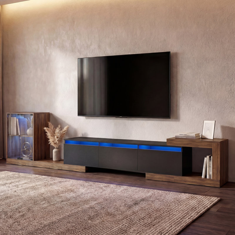 Modern Retractable TV Stand, Extendable TV Cabinet up to 110 Inches, 5 Storage Compartments, Fits Flat Screen TVs, Dark Wood