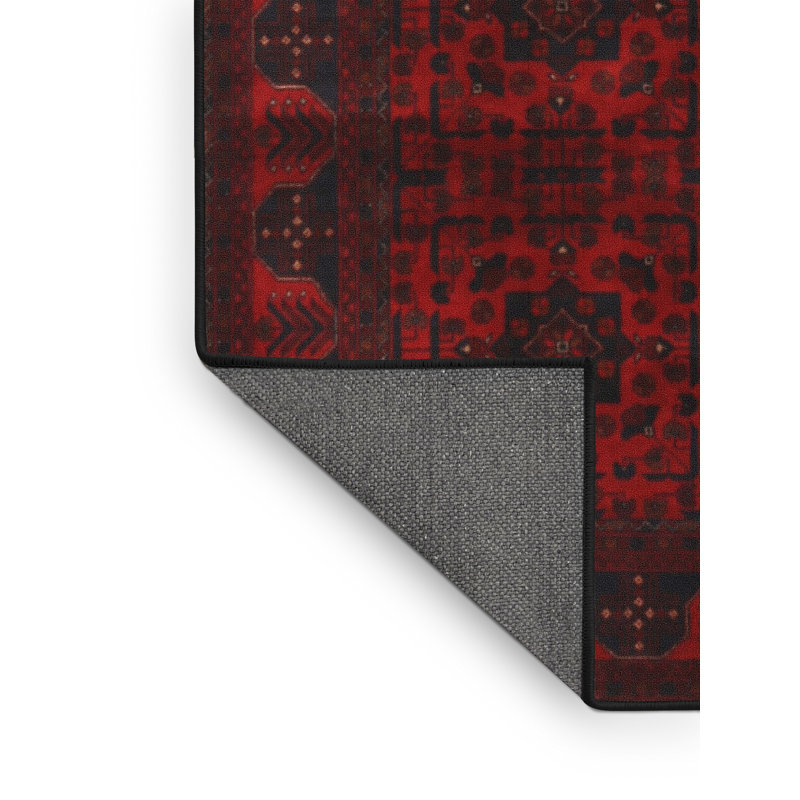 Tapis traditionnel rouge foncé / noir Ilit, Rectangle 5 pi x 7 pi