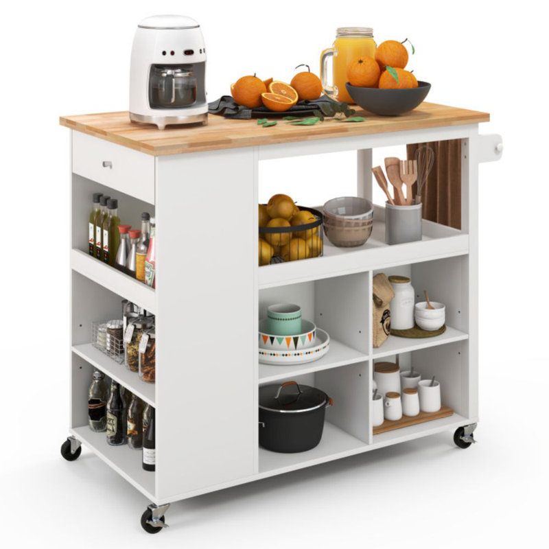 White Kitchen Cart with Rubber Wood Countertop and Storage Shelves