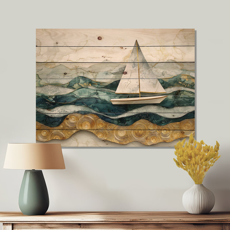 Voilier doré sur l'océan Emerald II - impression sur bois de bateau - sur bois de pin naturel, H 10 po x l 20 po x P 0,78 po