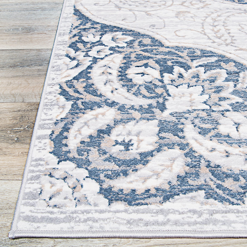 Tapis blanc/bleu zone oriental Karmane, Rectangle 9 pi 10 po x 13 pi 2 po