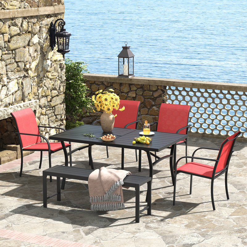 Ensemble repas d'extérieur pour 6 personnes avec chaises empilables et banc, Rouge