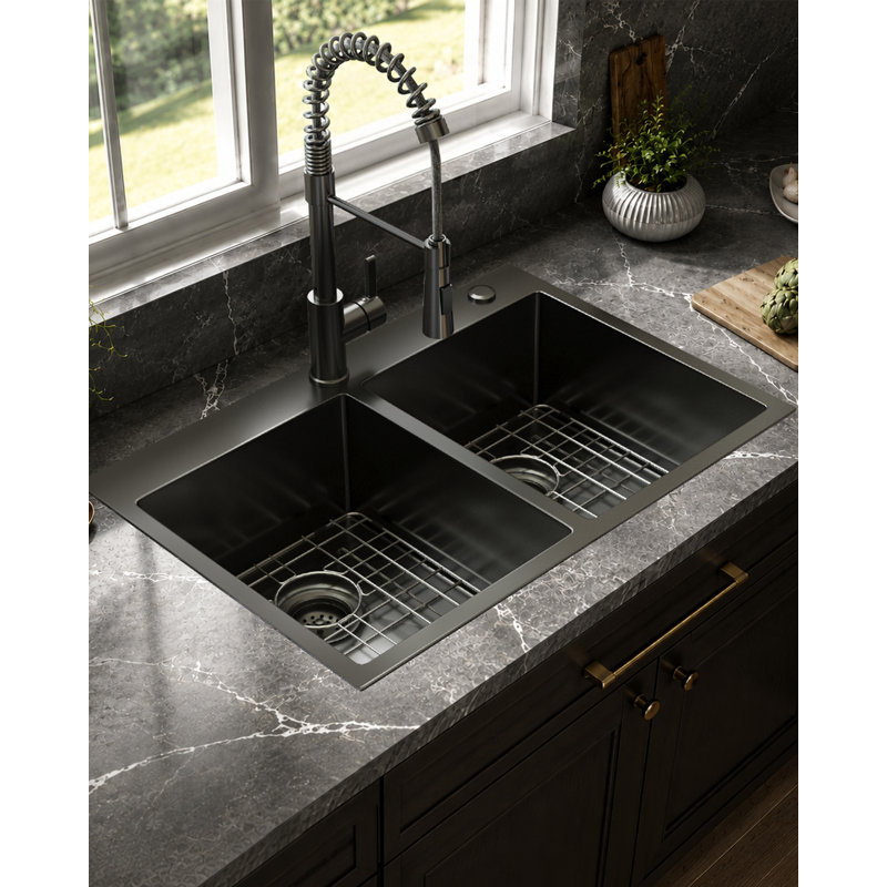 Évier de cuisine à double cuve à montage sur plan avec robinet 33 po L x 22 po
