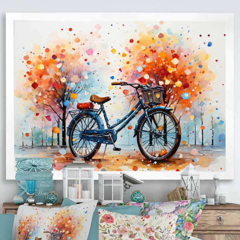 Bicycle Harmonious Pedals Pointillism IV - Transportation Wall Art Prints, H 16 po x l 32 po x P 1 po, Cadre simple blanc