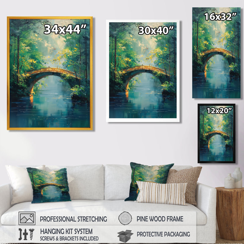 Décoration murale pont de rivière vert et beige, H 32 po x l 24 po x P 1 po, Toile tendue