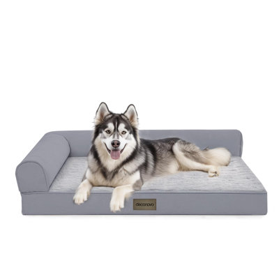 PV Velvet and Linen Removable Washable Cover Dog Bed with L-Shape Armrest, Anti-Slip Base with Non-Skid Dots,