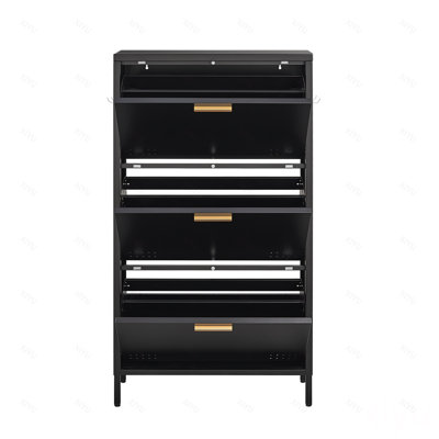 Meuble à chaussures classique noir à pieds hauts inclinables, étagère moderne et minimaliste de grande capacité avec crochets latéraux, meuble d'entrée robuste en acier au carbone anti-basculement, organe de rangement métallique sur pied à plusieurs niveaux