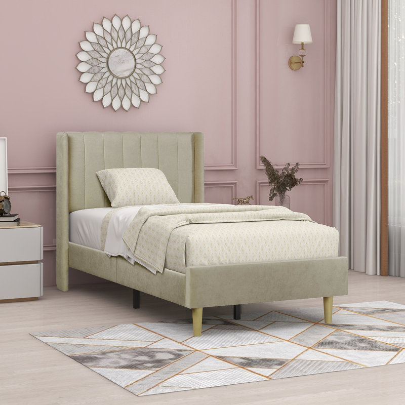 Eriksay Low Profile Upholstered Platform Bed with Wingback Headboard, Twin, Dark Beige Linen