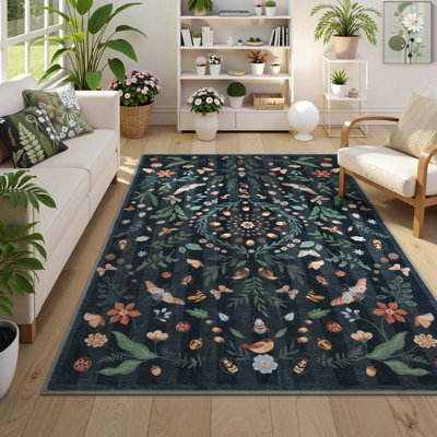 Botanical Garden Washable Area Rug with Vintage Wildflower & Butterfly Design