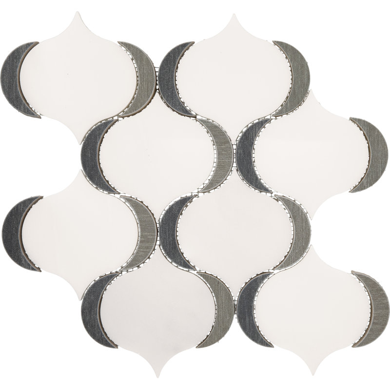 13" x 14" Natural Stone Mosaic Tile, White/Midnight Grey