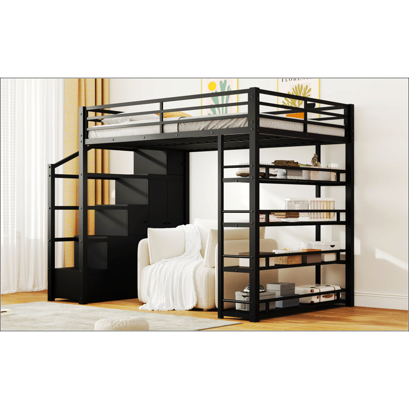 Full Size Metal Loft Bed With Storage Shelves
