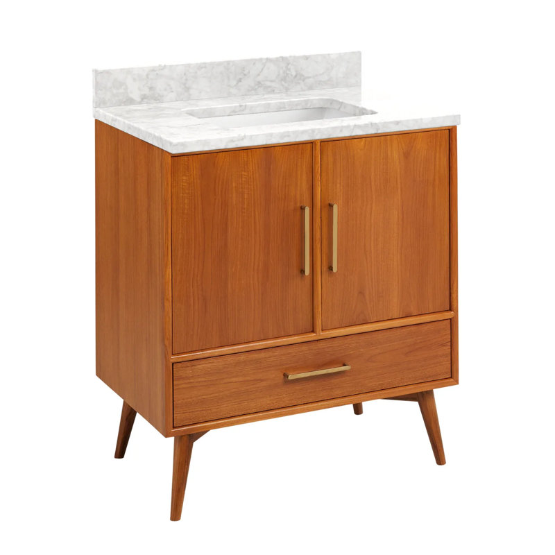 30" Novak Single Bathroom Vanity Set with Rectangular Undermount Sink, No Faucet Hole, Carrara Marble, Natural Teak - 31" W