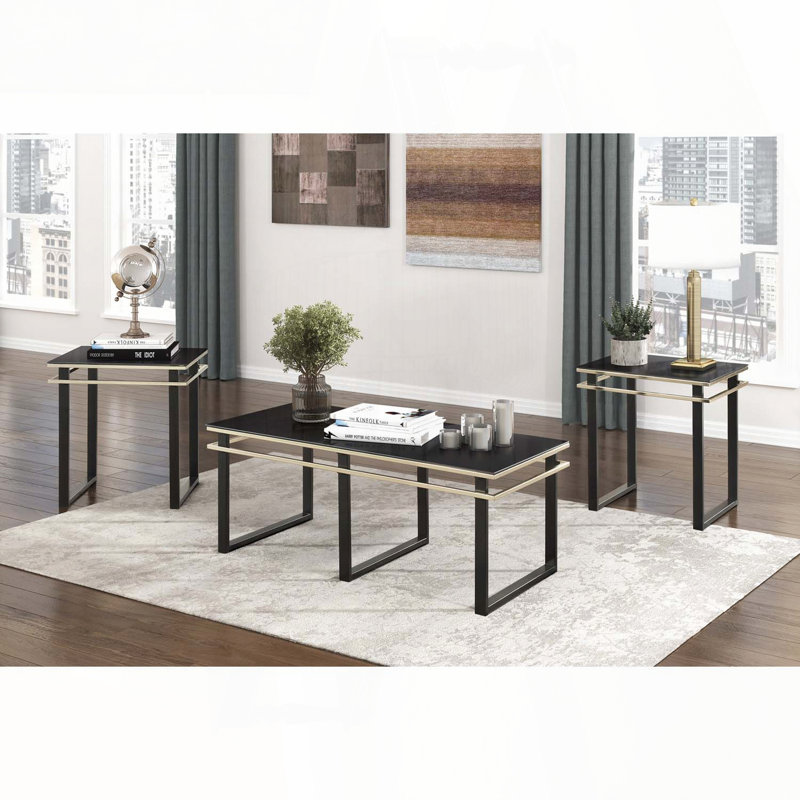Ensemble de tables d'appoint 3 pièces avec dessus en verre trempé noir et bandes dorées - cadre noir