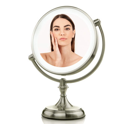 OVENTE 9" Lighted Tabletop Makeup Mirror with 1X/5X Magnification, Double-Sided Magnifying Vanity Mirror with Dimmable LED Lights, 360° Swivel Design and Dual Power Supply, Nickel Brushed MGT95BR1X5X