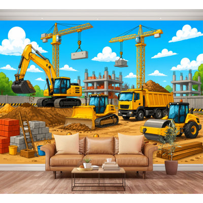 Wall Mural Peel and Stick Construction Site Excavator Heavy Machinery Cranes Large Wallpaper Self-Adhesive Removable Contact Paper Wall Decor for Living Room Bedroom Nursery 100"H x 144"W